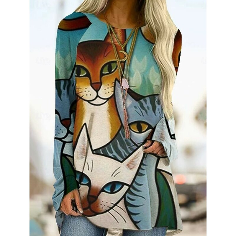Women's T Shirt Graphic Geometric Vintage Stylish Casual Long Sleeve Crew Neck Long Tops Daily Print Sage Green Blue Orange Spring Fall3