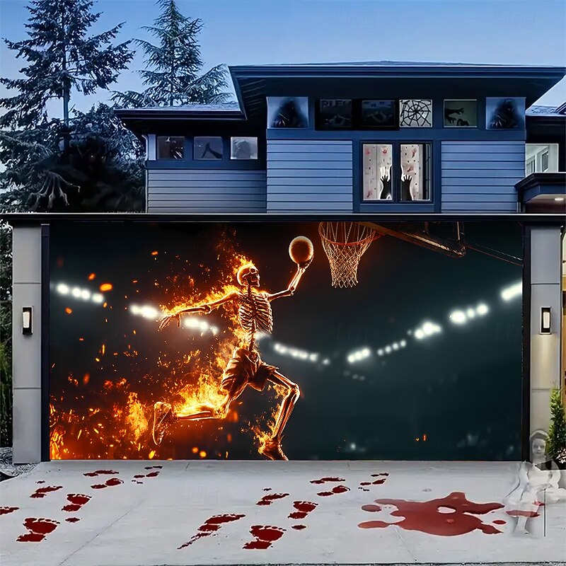 Halloween Garage Door Cover Large Hanging Backdrop Skeleton Flame Dark Punk Gothic Style Party Outdoor Shooting Backgrounds Yard Haunted House Home Decor