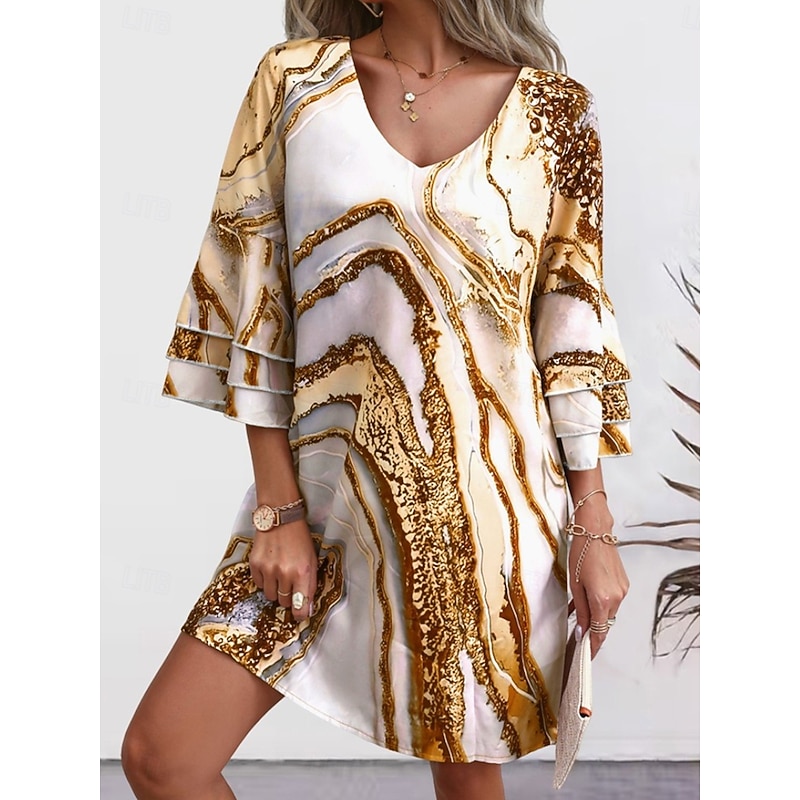 Women's Mini Dress Sundress A Line Dress Vacation Casual Boho Outdoor Party Going out Regular Fit Graphic Abstract 3/4 Length Sleeve V Neck Gold Summer Spring