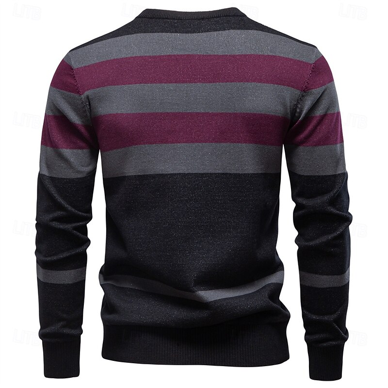 Men's Pullover Knit Regular Tops Check Pattern Crew Neck Cool Pullover School Vacation Clothing Apparel Spring Fall Dark Navy Purple S M L2