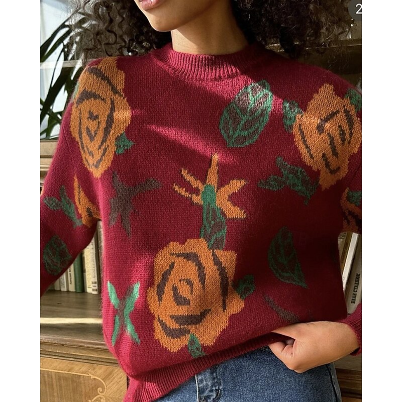 Women's Sweater Pullover Casual Floral Ribbed Crew Neck Knitted Print Long Sleeve Regular Tops Knit Christmas Daily Holiday White Wine Winter