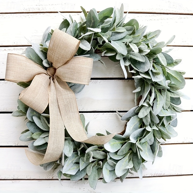 Christmas Wreath for Front Door, Artificial Green Lambs Ear Leaf Garland, Faux Plant Vine, Garden Door Hanging, Living Room and Window Wall Decor