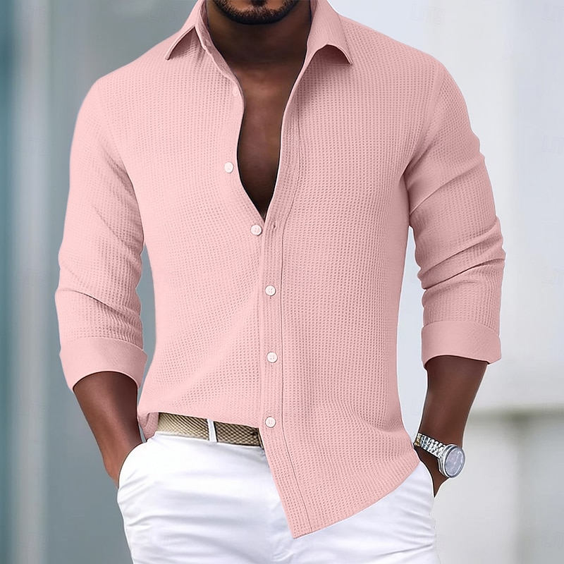 Men's Shirt Waffle Shirt Summer Shirt Casual Shirt Button Up Shirt White Pink Green khaki Dark Gray Long Sleeve Plain Lapel Vacation Casual Clothing Apparel Fashion Casual Comfortable