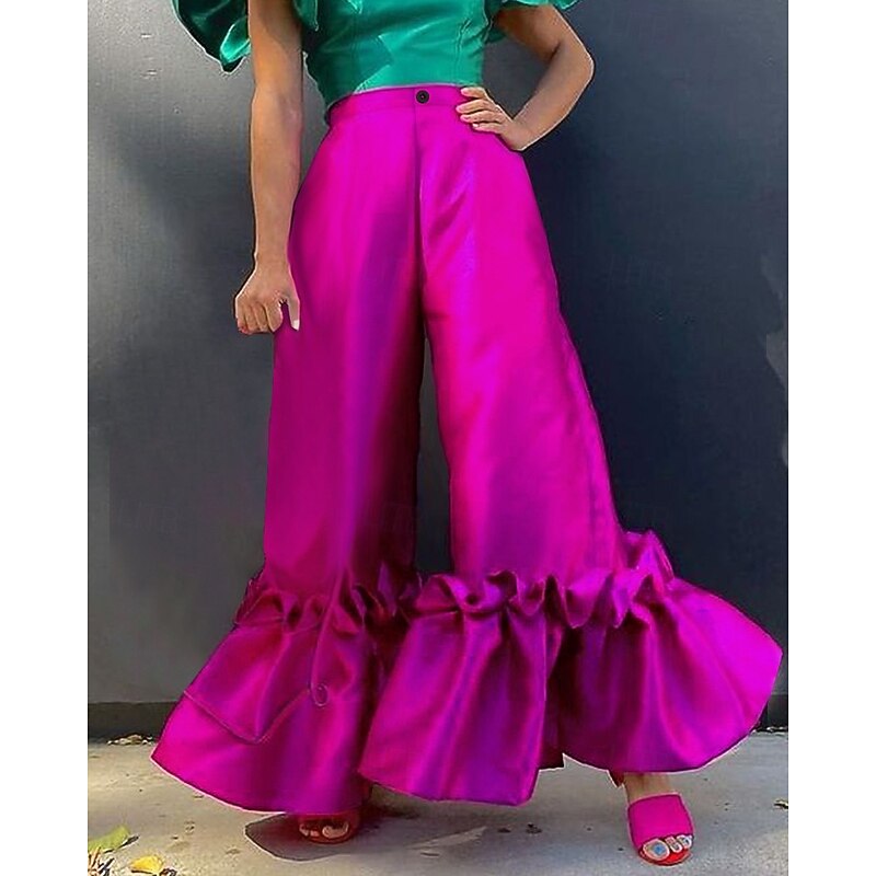 Women's Wide Leg Fashion Streetwear Full Length Natural Plain Ruffle Elastic Waist Comfortable Street Holiday Going out Black Fuchsia Green Fall Regular Fit3