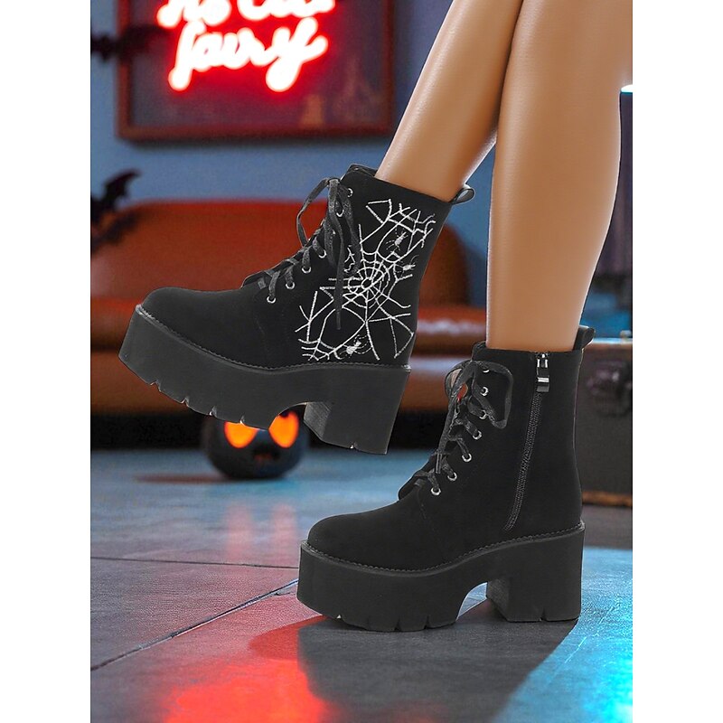Women's Black Platform Combat Boots with Spider Web Embroidery - Gothic Lace-Up Chunky Heel Ankle Boots for Halloween Party, Cosplay and Night Out2