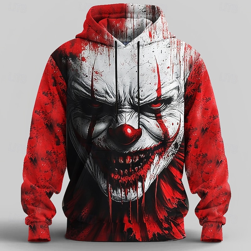 Halloween Men's Joker 3D Hoodie Sweatshirt Punk Exaggerated Crew Neck Club Streetwear Red Gray Drawstring Fall Winter Designer