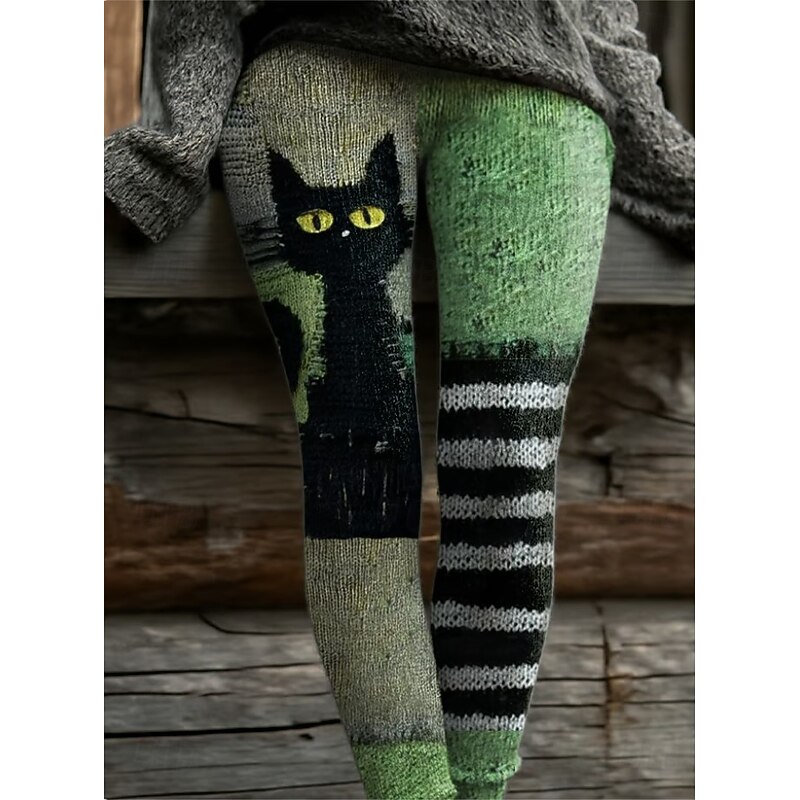 Women's Leggings Vacation Vintage Fashion Full Length High WaistPantsHalloween Graphic Skull Cat Printing Soft Breathable Stretchy Outdoor Vacation Street Dark-Gray Orange Brown Green Spring Fall4