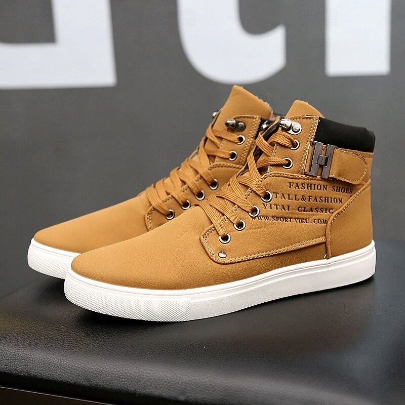 Men's Tan Faux Leather High-Top Sneakers with Lace-Up Design, Stylish Casual Shoes for Walking, Work and Weekend Outfits3