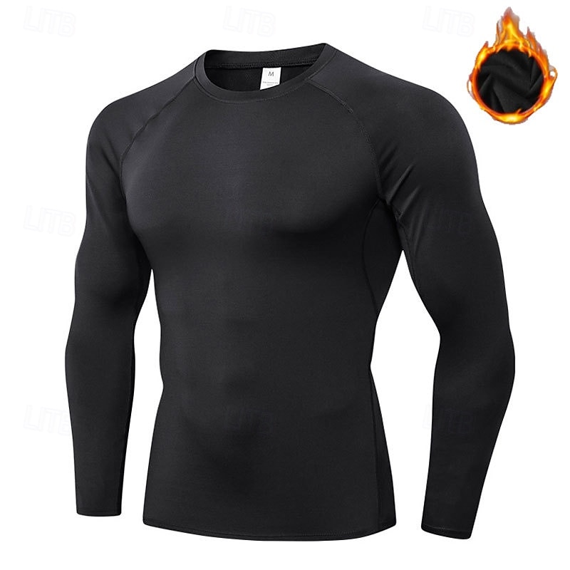 Men's Compression Shirt Fleece Base Layer Workout Tops Long Sleeve Top Athleisure Solid Colored Quick Dry Warm Gym Basketball Athletic Sportswear Activewear Black White Blue2