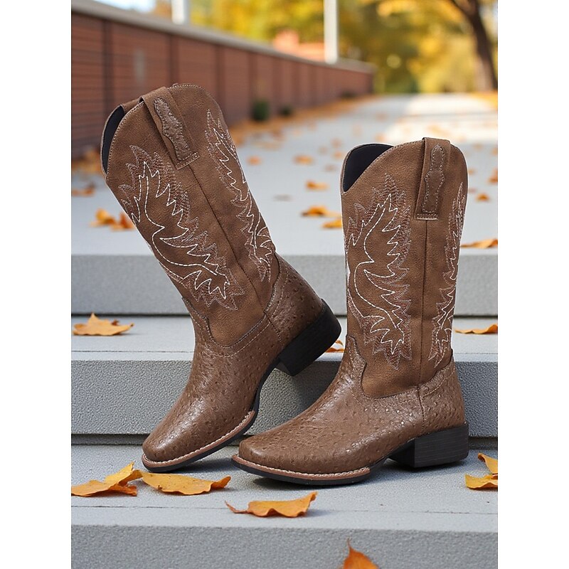 Women's Brown Embroidered Cowboy Boots – Classic Western Style Mid-Calf Boots for Fall Festivals, Farm Work and Country Concerts3