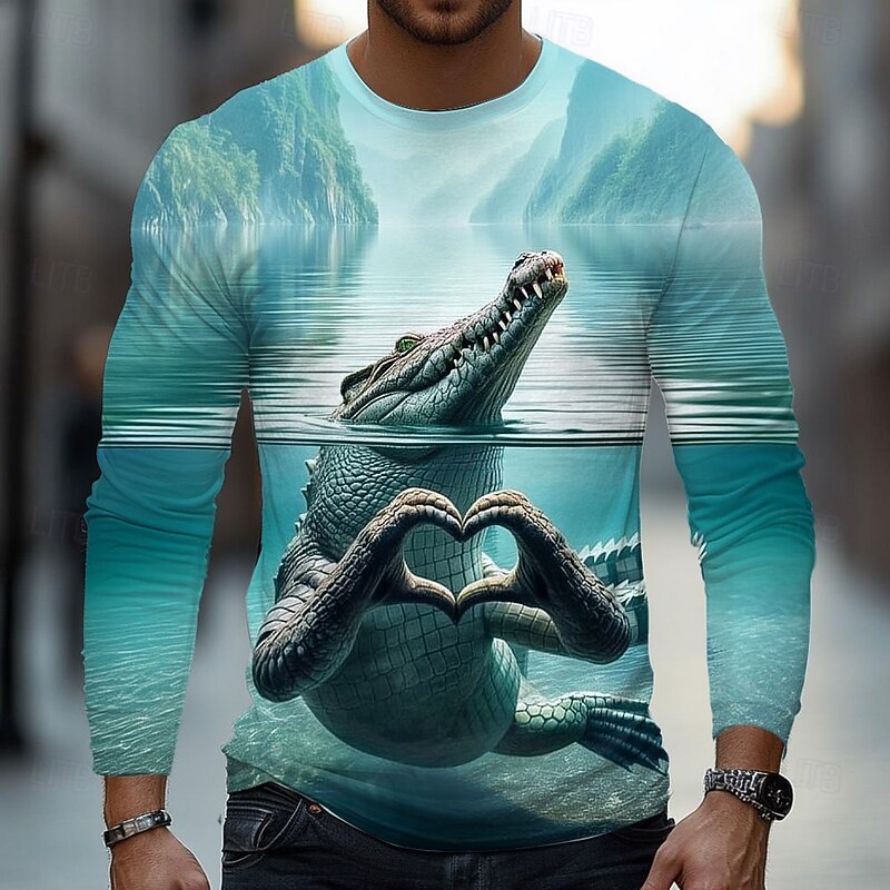 Men's Crocodile 3D T Shirt Long Sleeve T shirt 3D Print Crew Neck Shirt Fashion Basic Street Casual Daily Green 1# Green 2# Green 3# Summer Spring Clothing Apparel S M L XL XXL XXXL