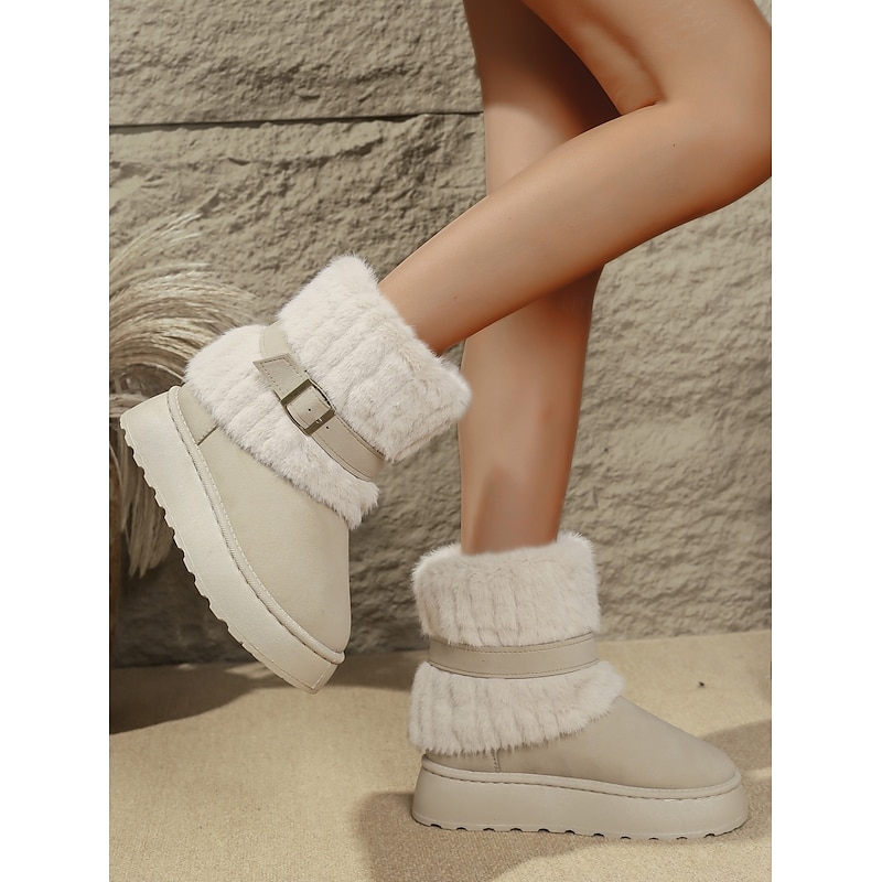 Women's Cream Fur Lined Flat Winter Boots – Cozy Buckle Strap Snow Booties with Non-Slip Sole for Cold Weather3
