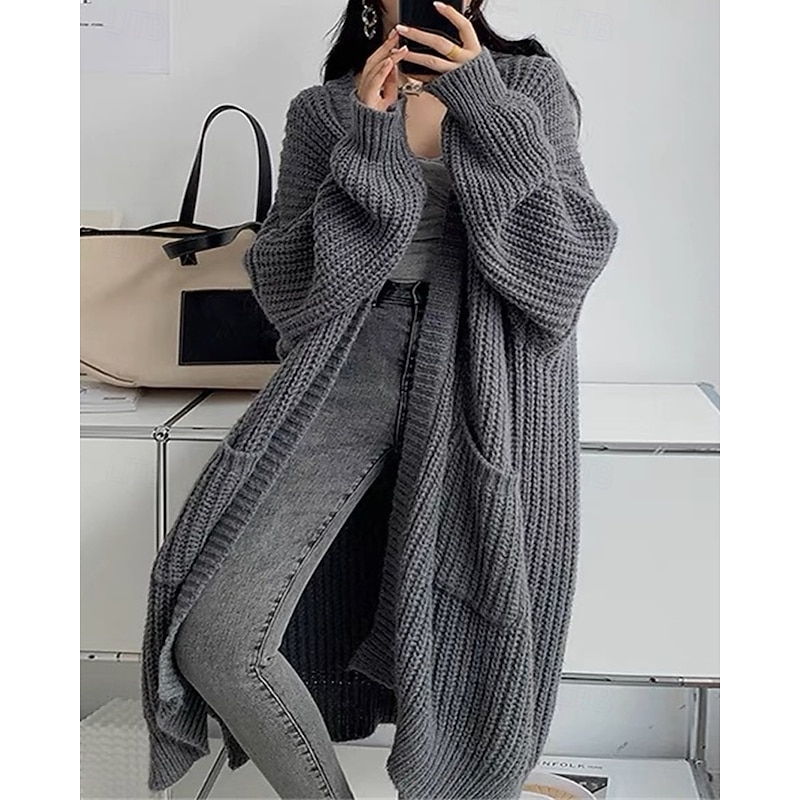 Women's Sweater Cardigan Fashion Streetwear Casual Pure Color Ribbed Open Front Pocket Knitted Long Sleeve Long Tops Knit Outdoor Daily Weekend Wine Red Black Fall Winter4