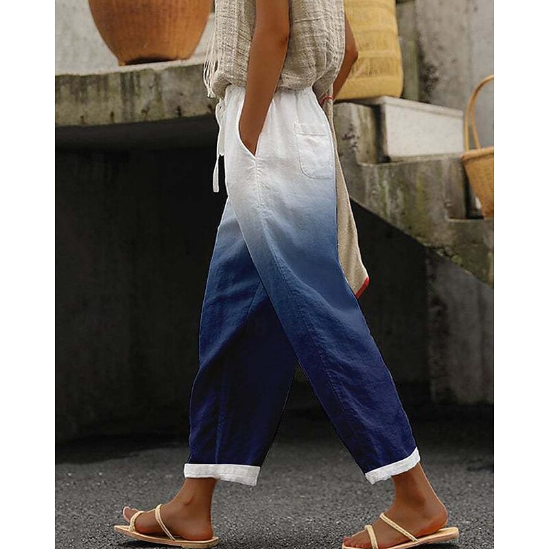 Women's Cotton Linen Pants Pants Trousers Lightweight Casual Full Length Mid Rise Color Block Pocket Drawstring Breathability Comfortable Inelastic Casual Daily Weekend Azure Pink Summer Spring