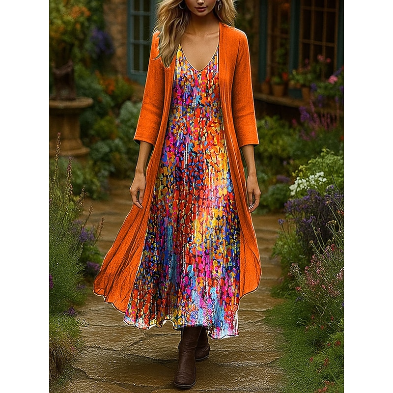 Women's Dress Set Maxi Dress A Line Dress Vacation Boho Floral Graphic Layered Print Maxi Dress 3/4 Length Sleeve V Neck Outdoor Daily Navy Blue Blue Orange Summer Spring Regular Fit3