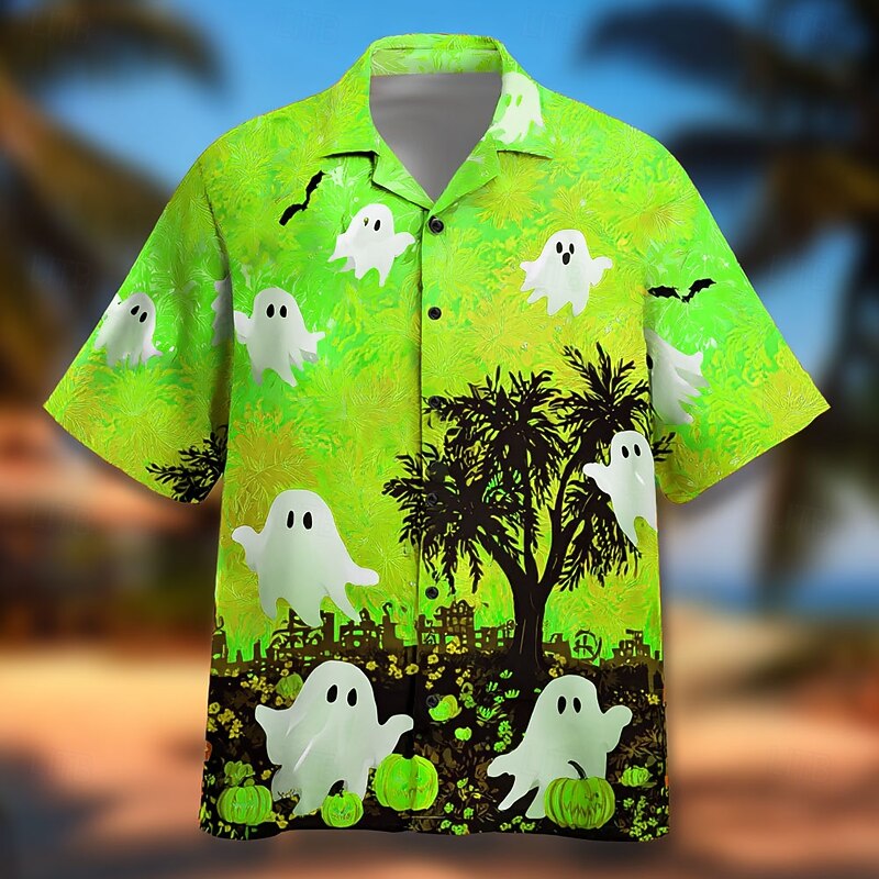 Halloween Men's Pumpkin Ghost Shirt Cuban Collar Shirt Button Up Shirt Short Sleeve Dark Punk Gothic Style Holiday Streetwear Summer Spring Camp Collar Shirt 3D Print Yellow Blue Orange Green3