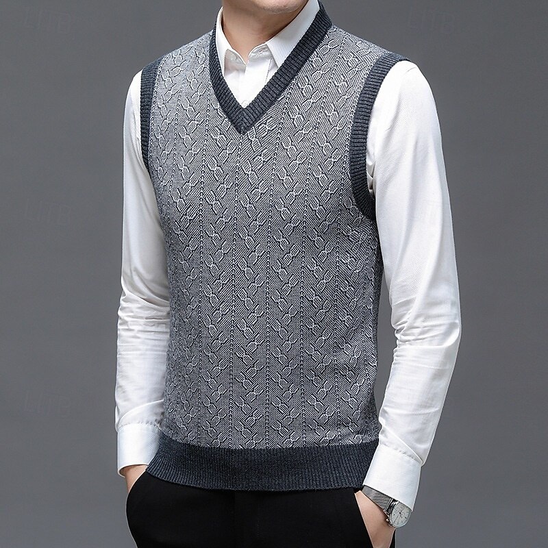 Men's Sweater Sweater Vest Pullover Sweater Jumper Ribbed Knit Regular Tops Knitted Slim Fit Geometric V Neck Knitwear Contemporary Casual Daily Wear Clothing Apparel Winter Spring &  Fall Blue Dark