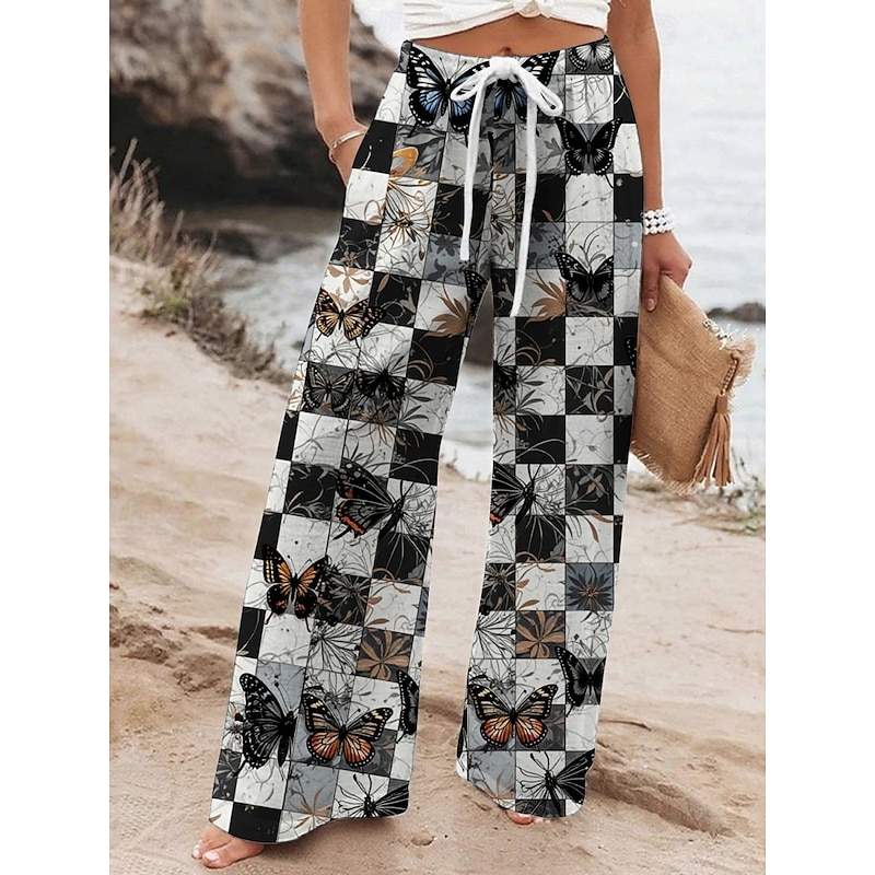 Women's Wide Leg Pants Trousers Vacation Casual Long High Waist Plaid Butterfly Elastic Waist Printing High Cut Breathability Soft Micro-elastic Vacation Street Daily Wear Black Spring Fall Regular