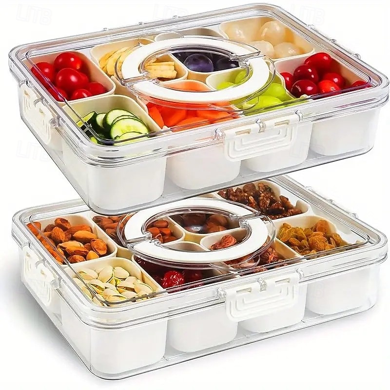 1/2pcs Snackle Box Container Divided Snack Tray with Lid and Handle, 8-Compartment Portable Transparent Container for Fruits, Vegetables, Salads, Ideal for Travel, Camping, and Picnic - Main Image