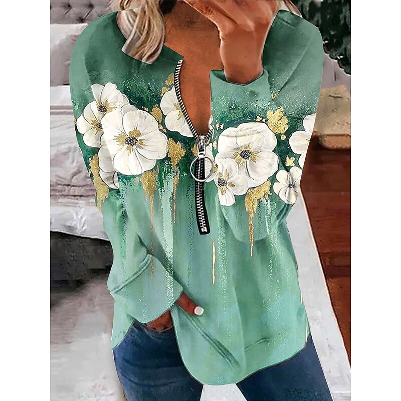 Women's Pullover Sweatshirt Zip Up Sweatshirts Floral Graphic Fashion Casual Long Sleeve Crew Neck Regular Tops Street Dailywear Zipper Print Blue Purple Green Fall Winter