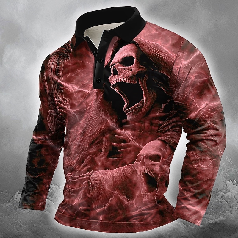 Day of the Dead Men's Skull Polo Long Sleeve Polo Shirts Lapel Casual Outdoor Street Athleisure Daily Wear 3D Print Buttons Spring Fall Winter Red Blue Purple4