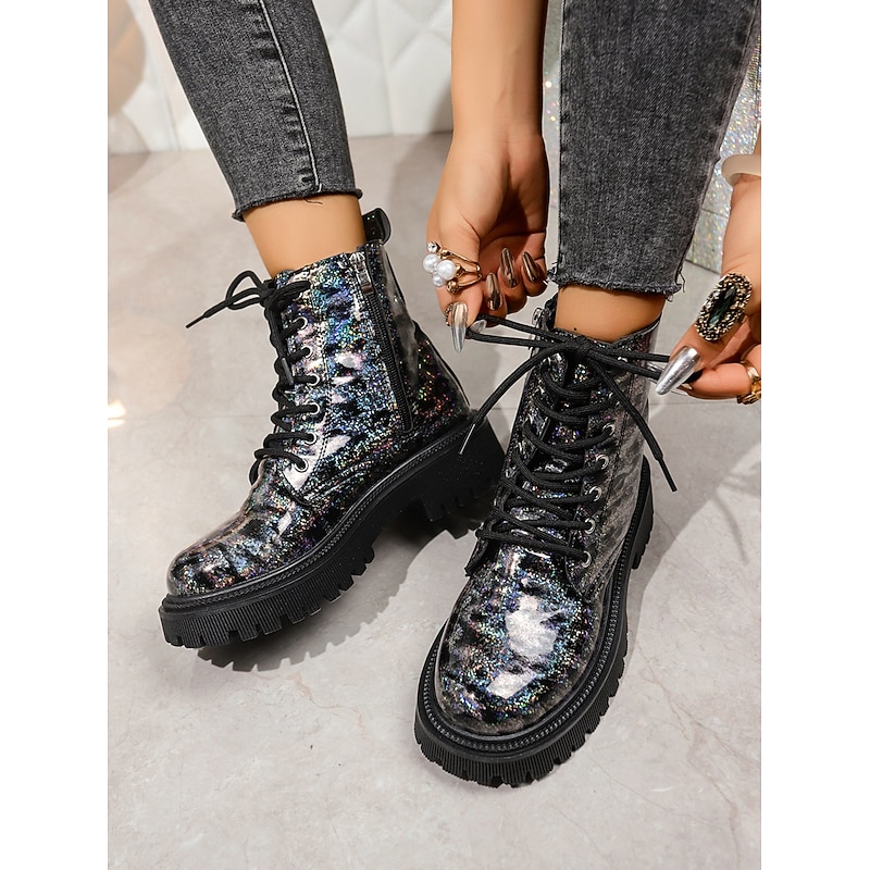 Women's Glitter Combat Boots – Shiny Patent Leather Lace-Up Chunky Ankle Boots with Lug Sole for Streetwear, Parties & Fall Fashion
