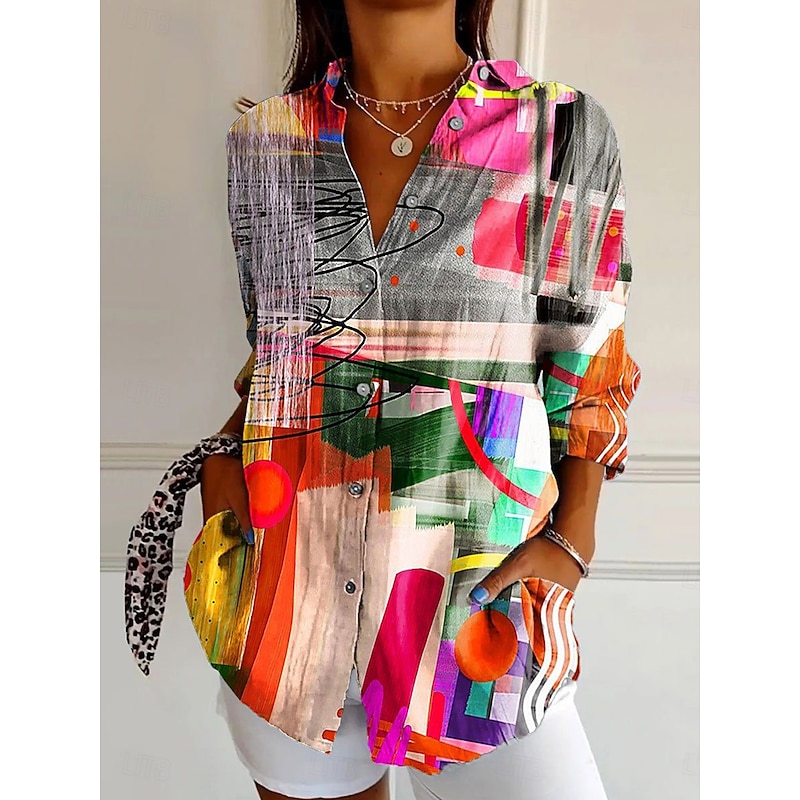 Women's Shirt Graphic Geometric Abstract Vintage Daily Casual Long Sleeve Shirt Collar Regular Tops Daily Holiday Print Black Pink Red Blue Summer Spring3