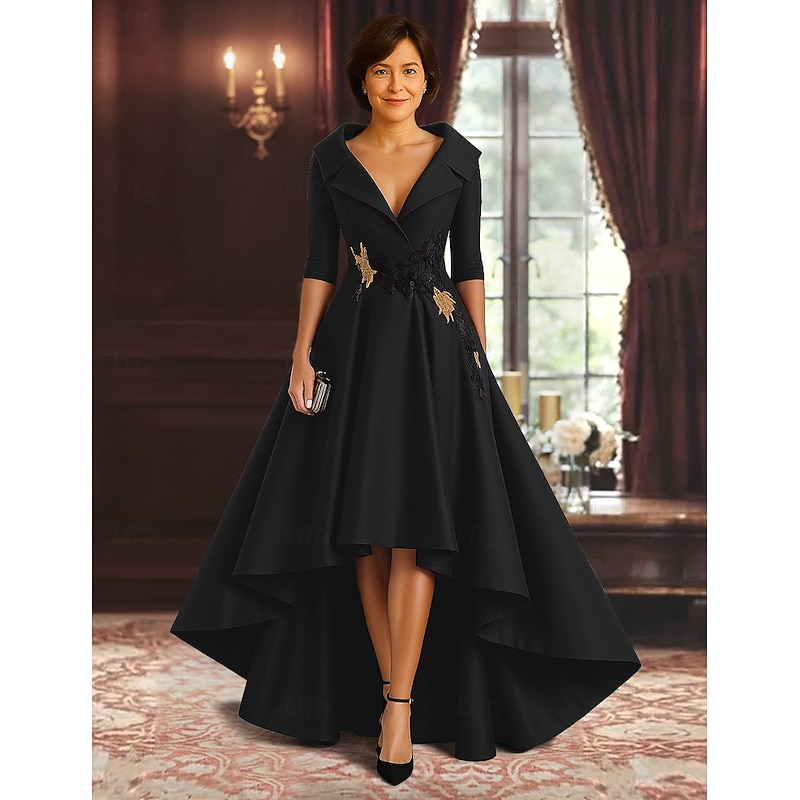Red Black A-Line Mother of the Bride Dress Elegant High Split Shirt Collar Asymmetrical Satin 3/4 Length Sleeve with Appliques 20254