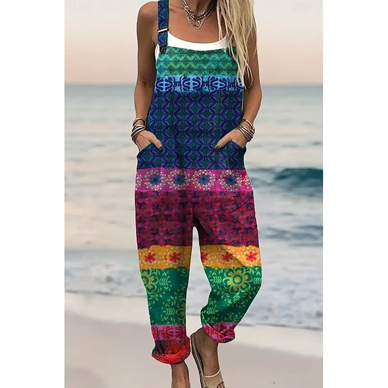 Women's Dungarees Active Floral Sleeveless Sleeveless Harem Square Neck Pocket with Pocket Vacation Daily Loose Fit Yellow Pink Blue Summer3