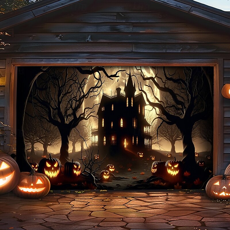 Halloween Tapestry Garage Door Cover Large Hanging Backdrop Pumpkin Castle Dark Punk Gothic Style Party Outdoor Shooting Backgrounds Front Door Home Decor