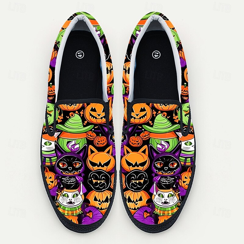 Men's Halloween Pumpkin and Monster Slip-On Shoes – Colorful Festival Loafers for Costume Parties and Streetwear
