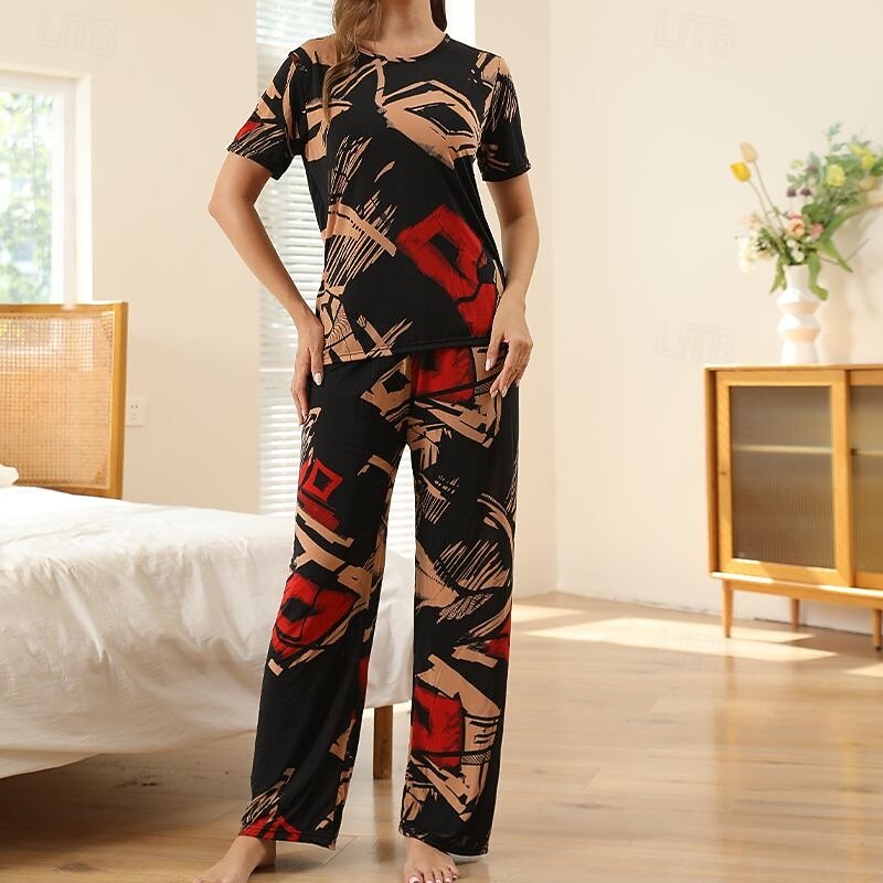 Summer European and American style loungewear set round-neck short-sleeve top with long pants ice silk printed pajama two-piece set.