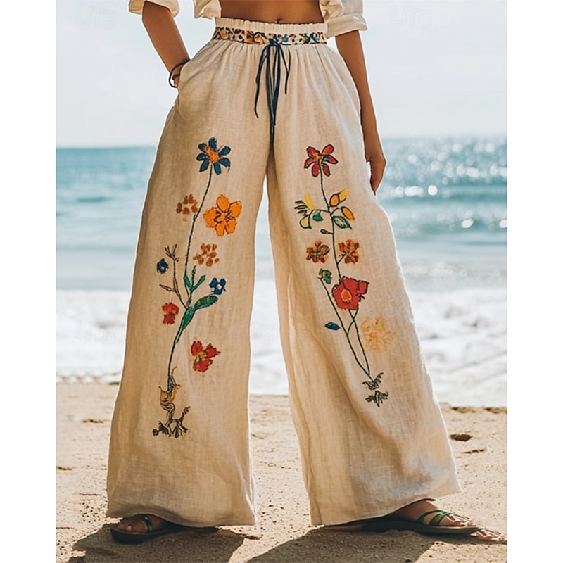 Women's Wide Leg Pants Trousers Palazzo Pants Fashion Boho Full Length High Waist Flower Drawstring Elastic Waist Print Breathability Comfortable Street Daily Wear Going out Khaki Spring Fall Regular
