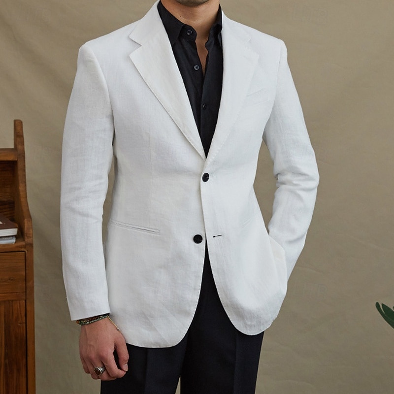 Men's Linen Blazer Blazer Business Cocktail Party Wedding Party Fashion Casual Spring Fall 30% Linen 60% Polyester Plain Pocket Buttons Comfortable Single Breasted Blazer Black White Brown Green2