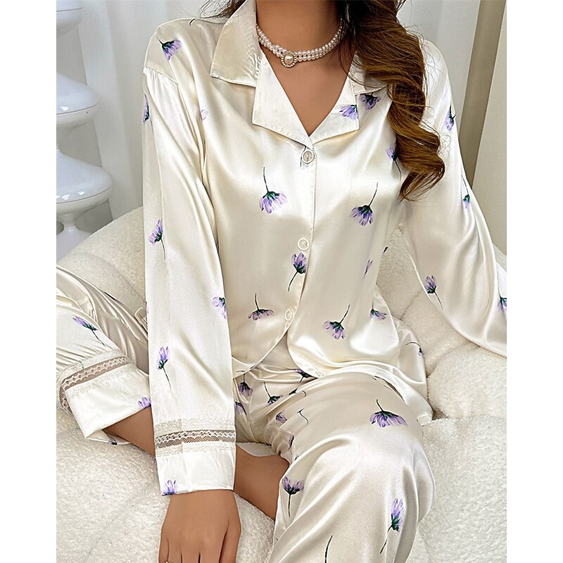 Women's Loungewear Pajama Set Casual Comfort Butterfly Elastic Waist Shirt Pant Home Daily Long Sleeve Shirt Collar White Beige Spring Fall Regular Fit3