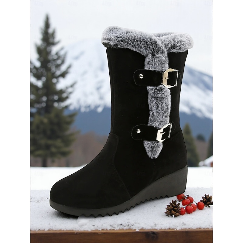 Women's Black Faux Suede Mid-Calf Winter Boots –  Plush Fur Lined, Non-Slip Outdoor Wedge Heel Snow Boots, Warm Trekking & Travel Footwear3
