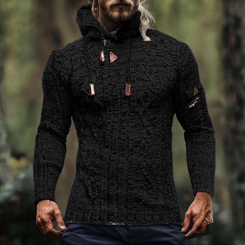 Men's Pullover Sweater Jumper Knit Sweater Ribbed Knit Regular Tops Knitted Plain Hooded Fashion Basic Vacation Daily Wear Clothing Apparel Fall Winter Black Brown M L XL2