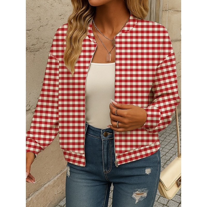 Women's Bomber Jacket Casual Jacket Comfortable Breathable Zipper Pocket Print Casual Plaid Vacation Street Casual Daily Wear Zipper Regular Stand Collar Loose Fit Long Sleeve Outerwear Black White4