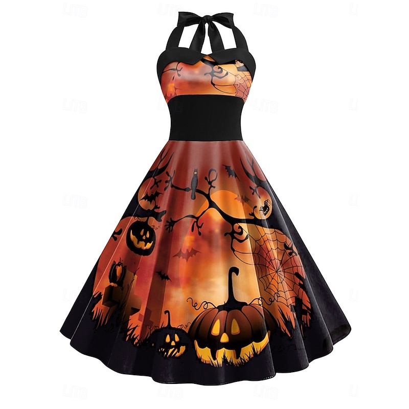 Halloween Women's Pumpkin Print Midi Dress A Line Dress Vacation Casual Daily Holiday Regular Fit Pumpkin Spider Sleeveless Halter Neck Black Yellow Orange Gray Summer Spring Fall
