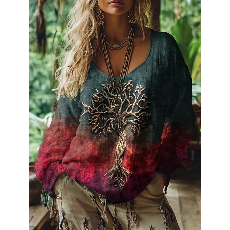 Women's Blouse Graphic Vintage Daily Casual Long Sleeve V Neck Regular Tops Tribal Tree Of Life Vintage Designer Vacation Street Going out Daily Holiday Print Yellow Purple Fuchsia Summer Spring Fall3