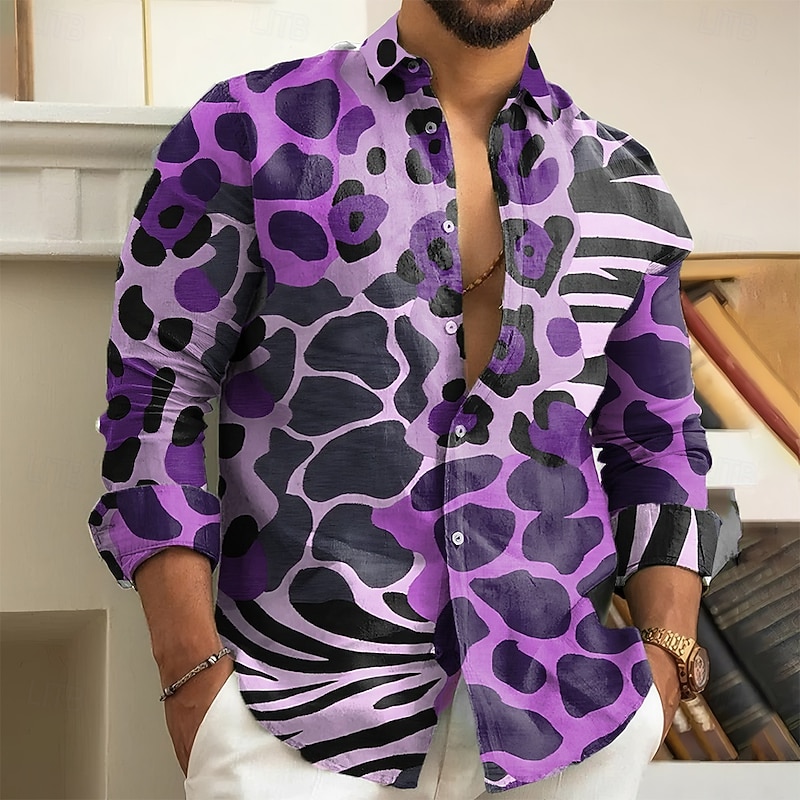 Men's Leopard Zebra Print Shirt Button Up Shirt Long Sleeve Vintage Retro Outdoor Casual Holiday Spring Fall Turndown 3D Print Collared Shirts Blue Purple Brown3