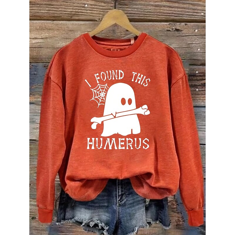 Halloween Women's Pullover Ghost Graphic Letter Casual Long Sleeve Crew Neck Regular Tops Street Dailywear Casual Print Orange Spring Fall Winter