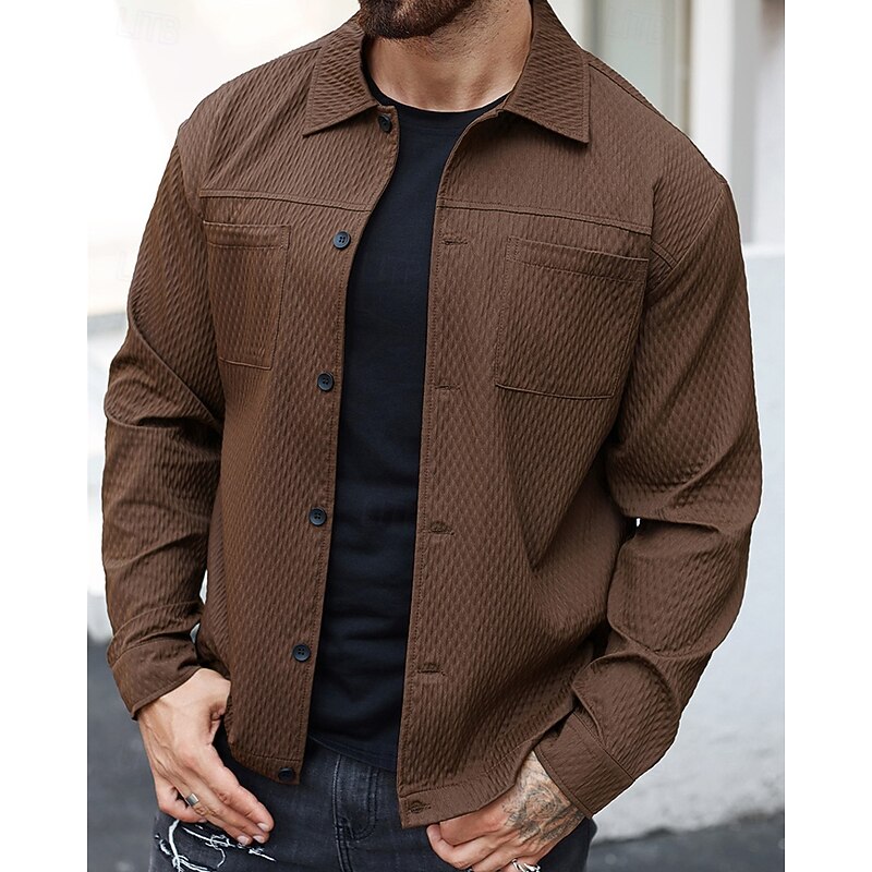 Men's Lightweight Jacket Casual Jacket Vacation Daily Breathable Jacquard Pocket Spring Fall Plain Fashion Classic Lapel Regular Dark Green Brown Jacket4