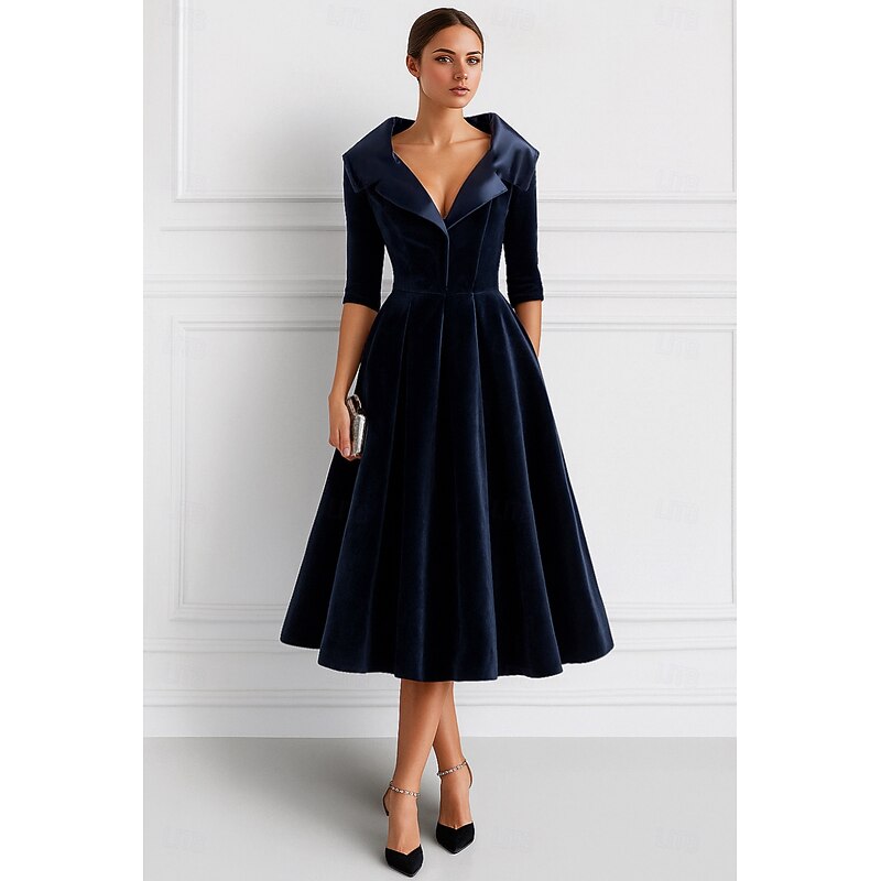 Red Black portrait collar A-Line Mother of the Bride Dress Elegant Vintage Tea Length Velvet Long Sleeve with Ruching Solid Color3