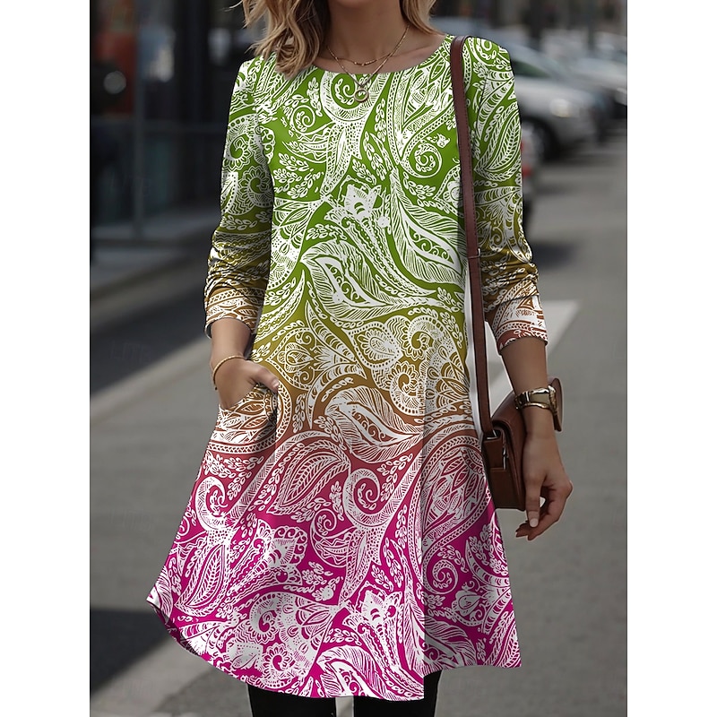 Women's Mini Dress T Shirt Dress Tee Dress A Line Dress Vacation Casual Daily Date Regular Fit Ombre Graphic Paisley Long Sleeve Crew Neck Blue Fuchsia Orange Green Spring Fall Winter3