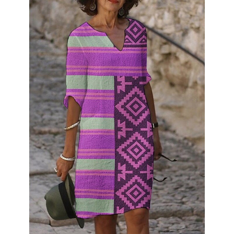 Women's Midi Dress Casual Dress Print Dress Vintage Daily Beach Weekend Regular Fit Geometric 3/4 Length Sleeve Crew Neck Blue Purple Fuchsia Orange Summer Spring Fall Autumn2