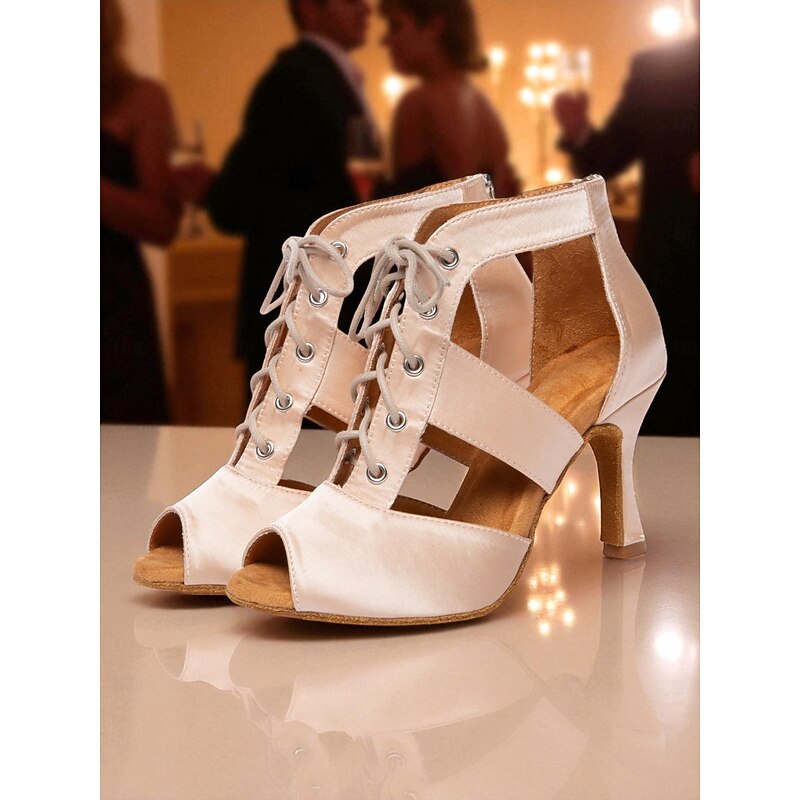 Women's Satin Lace-Up Peep Toe Gatsby Dance Shoes with Cutout Design, Elegant Latin Ballroom Heels for Performance and Parties4