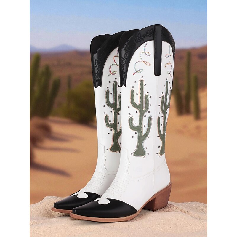 Women's Western Cowboy Boots with Cactus Embroidery, Pointed Toe and Chunky Heel for Rodeos and Western Festivals2