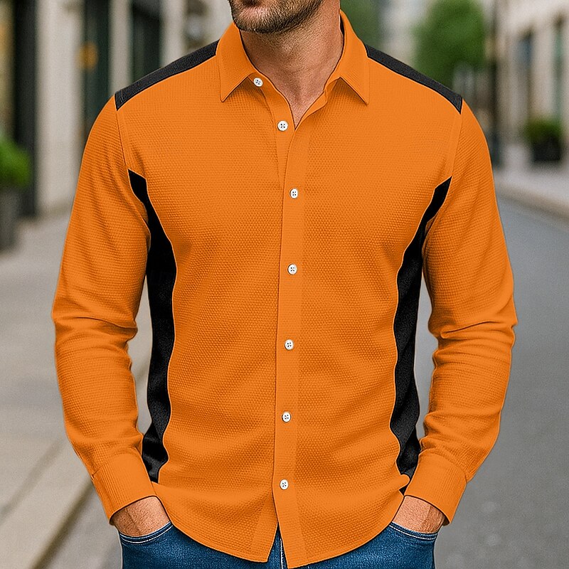 Men's Shirt Casual Shirt Button Up Shirt Waffle Knit Shirt White Blue Orange Green Long Sleeve Solid Color Lapel Vacation Halloween Patchwork Clothing Apparel Fashion Casual Comfortable4