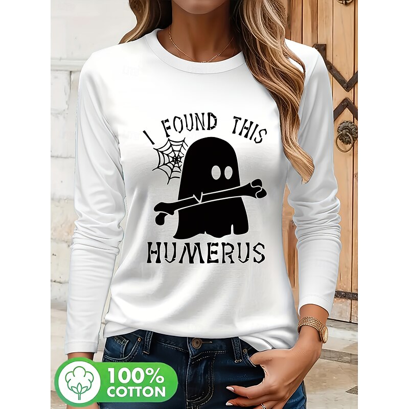 Halloween Women's Blouse Graphic Letter Vintage Stylish Classic Long Sleeve Crew Neck Regular Tops Daily Going out Print Black White Spring Fall